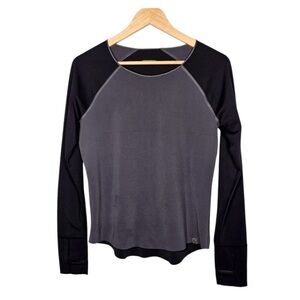 Oiselle Black and Gray Long Sleeve Tee-thumb holes, raglan sleeve, warm